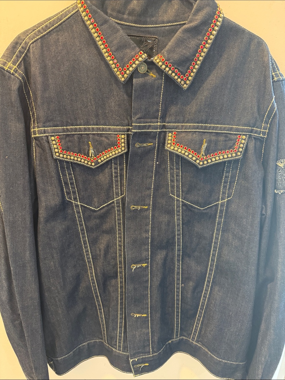 Robin's Jean Dark Blue Denim Jacket with Red and Silver Stud Accents